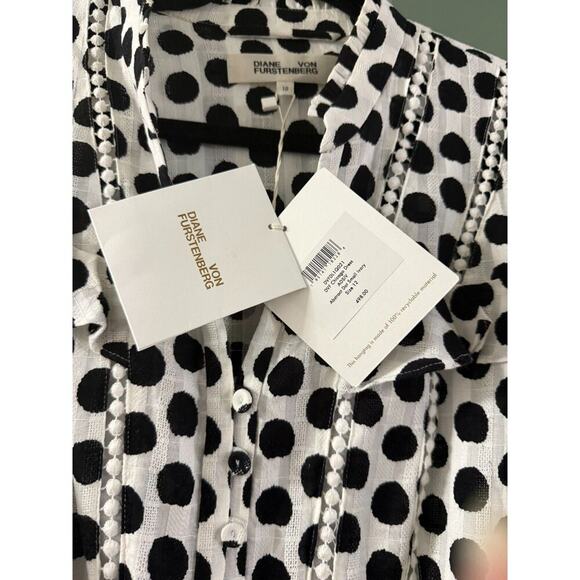 DVF Chicago Polka Dot Midi Dress NWT Size 12 Black Ivory Ruffle Cotton - Picture 5 of 7